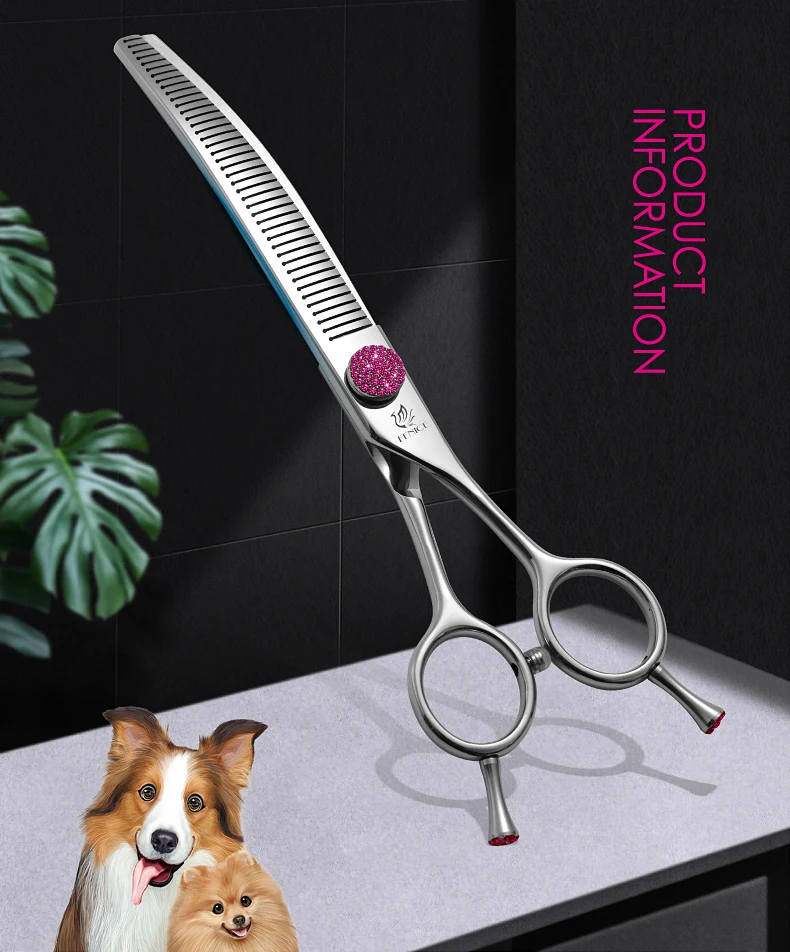 Fenice JP440C 6.5/7/7.5 inch Pet Scissors Grooming Curved Thinner Shears Trimmers for Dogs Fluffy Traceless Thinning Rate 50-55%
