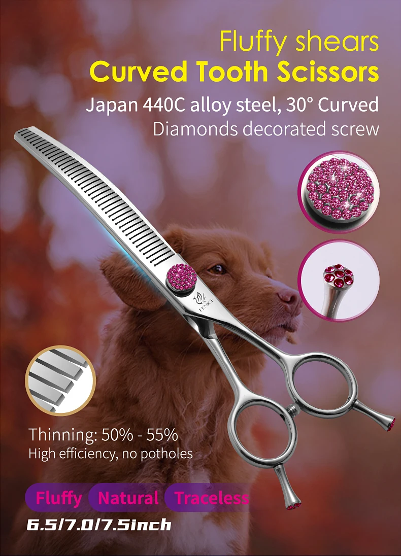 Fenice JP440C 6.5/7/7.5 inch Pet Scissors Grooming Curved Thinner Shears Trimmers for Dogs Fluffy Traceless Thinning Rate 50-55%
