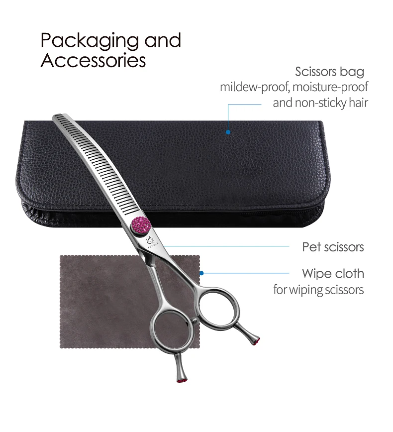 Fenice JP440C 6.5/7/7.5 inch Pet Scissors Grooming Curved Thinner Shears Trimmers for Dogs Fluffy Traceless Thinning Rate 50-55%
