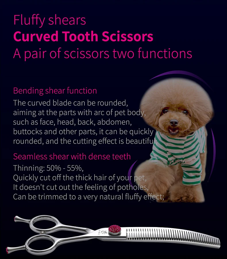 Fenice JP440C 6.5/7/7.5 inch Pet Scissors Grooming Curved Thinner Shears Trimmers for Dogs Fluffy Traceless Thinning Rate 50-55%