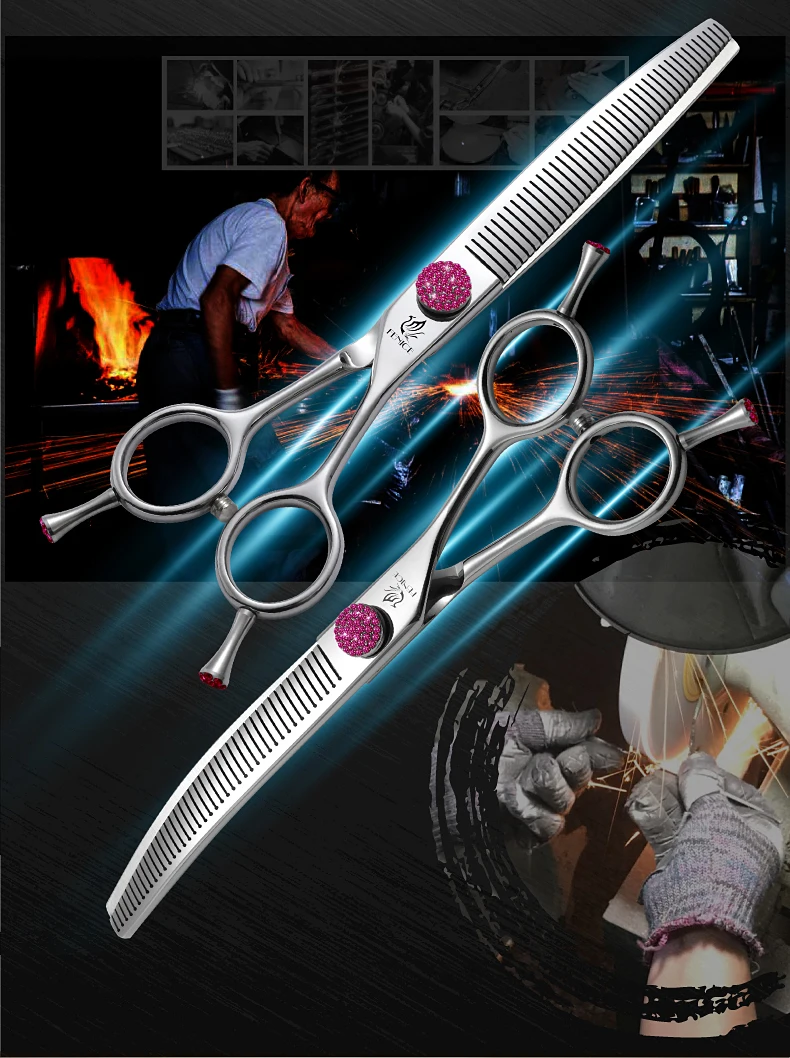 Fenice JP440C 6.5/7/7.5 inch Pet Scissors Grooming Curved Thinner Shears Trimmers for Dogs Fluffy Traceless Thinning Rate 50-55%