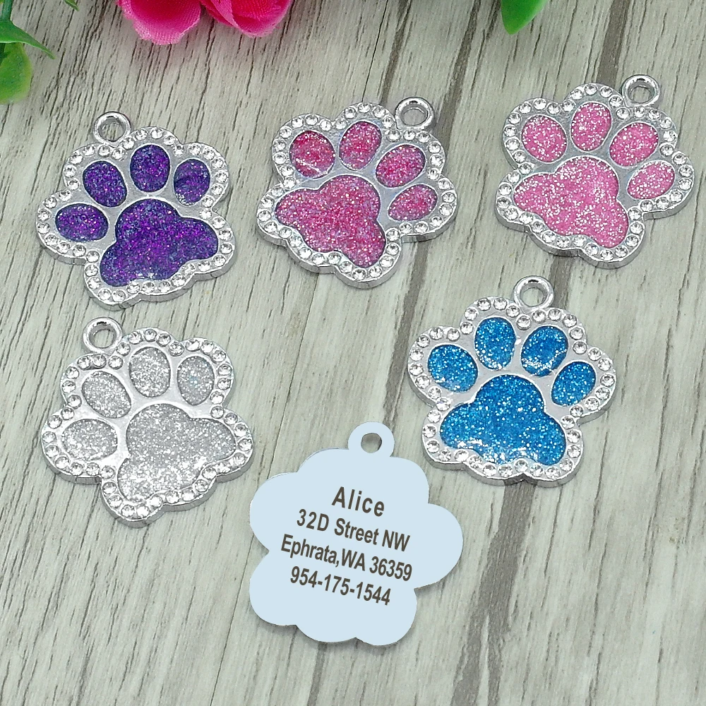 Personalized Dog Cat ID Tag Bling Rhinestone Puppy Kitten Name Tags Anti-lost Pet Collar Accessories Free Engraved Pet Products