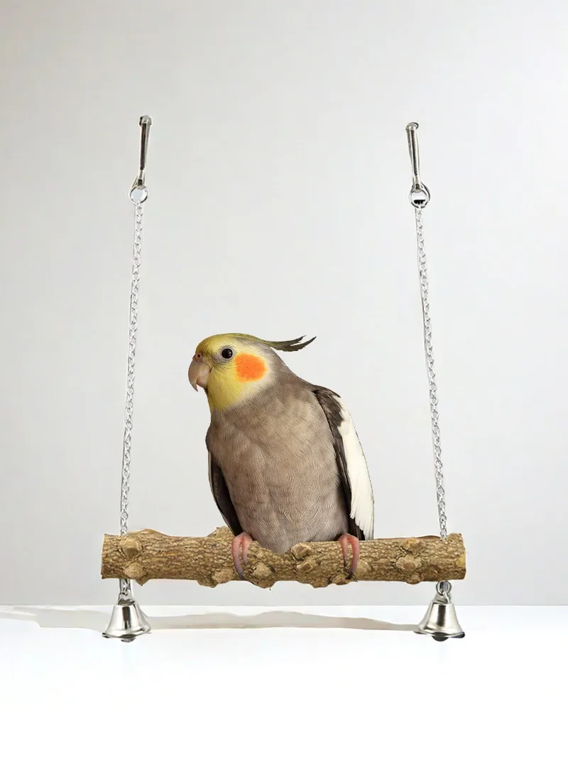 Wood Parrot Stand Pole Swing Toy with Bell for Bird Tiger Skin Claw Grinding Beak Grinding Stand Pole Bird Cage Accessories