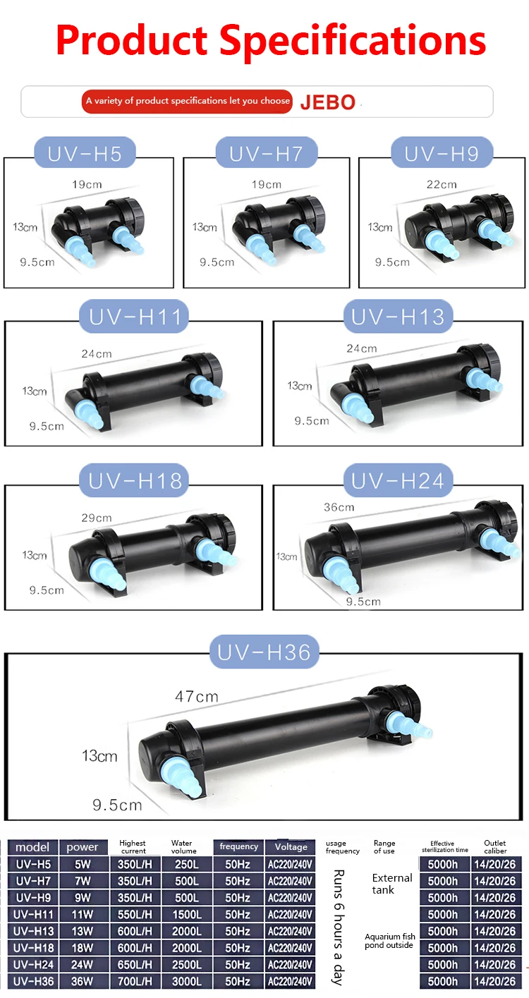 JEBO 220~240V 5W~36W UV Sterilizer Lamp Light Water Cleaner For Aquarium Pond Fish Tank Ultraviolet Filter Clarifier