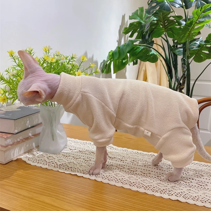 Fleece Coat for Sphynx Cat Warm Sweatshirt 4-legged Jumpsuit for Kittens Dogs Soft Loungewear for Male Cat Devon Rex Sweater