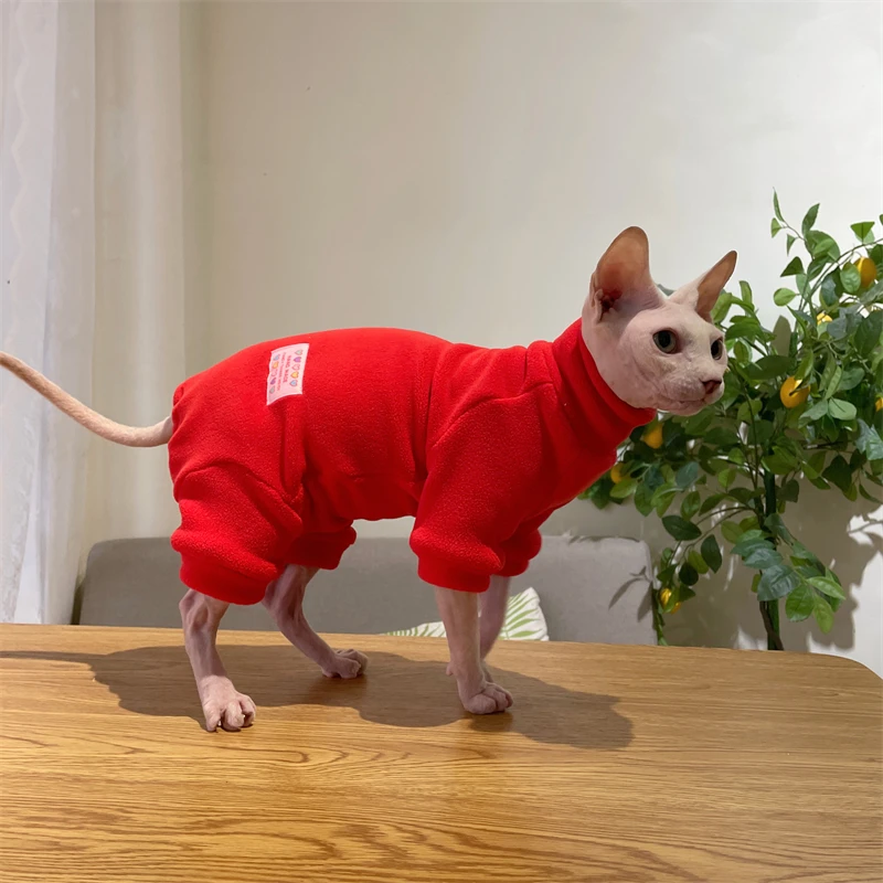 Fleece Coat for Sphynx Cat Warm Sweatshirt 4-legged Jumpsuit for Kittens Dogs Soft Loungewear for Male Cat Devon Rex Sweater