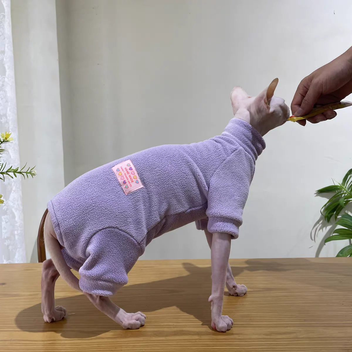 Fleece Coat for Sphynx Cat Warm Sweatshirt 4-legged Jumpsuit for Kittens Dogs Soft Loungewear for Male Cat Devon Rex Sweater