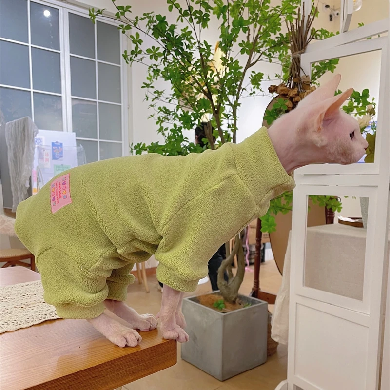 Fleece Coat for Sphynx Cat Warm Sweatshirt 4-legged Jumpsuit for Kittens Dogs Soft Loungewear for Male Cat Devon Rex Sweater