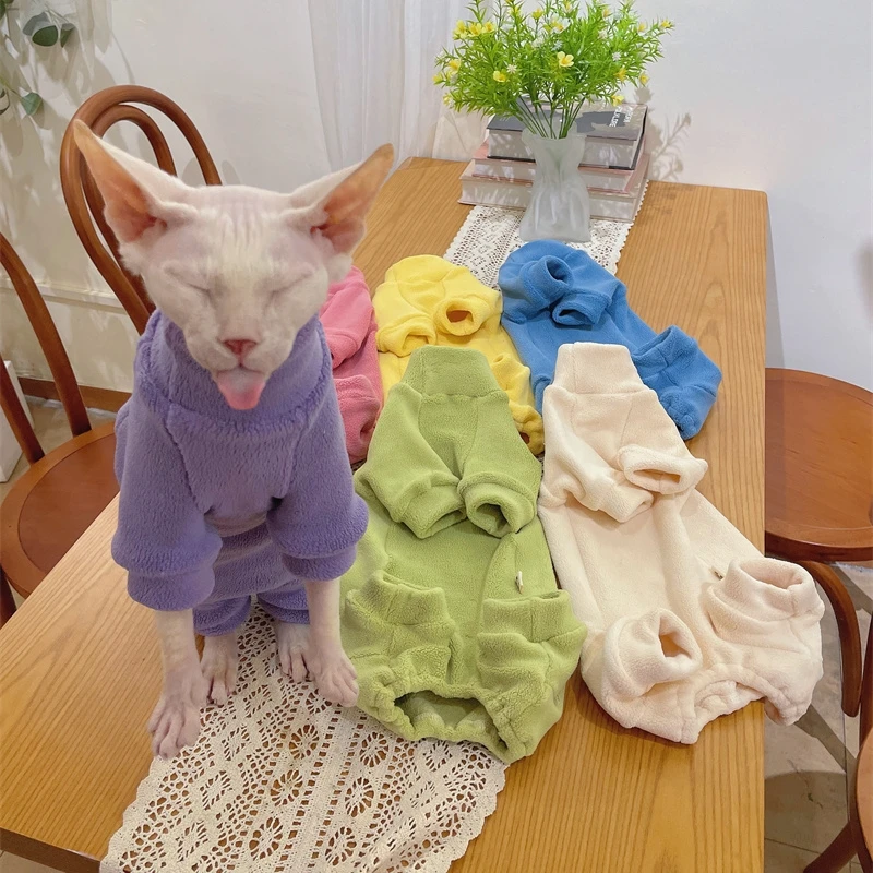 Fleece Coat for Sphynx Cat Warm Sweatshirt 4-legged Jumpsuit for Kittens Dogs Soft Loungewear for Male Cat Devon Rex Sweater