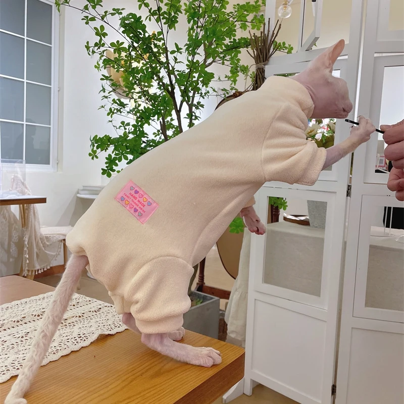 Fleece Coat for Sphynx Cat Warm Sweatshirt 4-legged Jumpsuit for Kittens Dogs Soft Loungewear for Male Cat Devon Rex Sweater