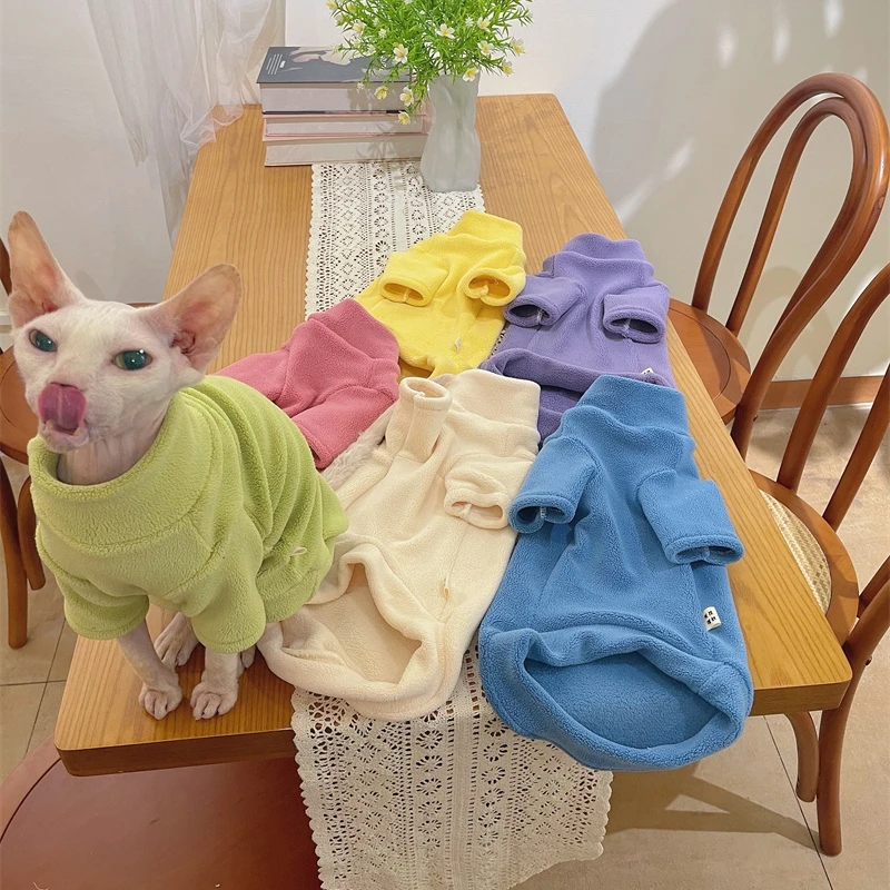 Fleece Coat for Sphynx Cat Warm Sweatshirt 4-legged Jumpsuit for Kittens Dogs Soft Loungewear for Male Cat Devon Rex Sweater