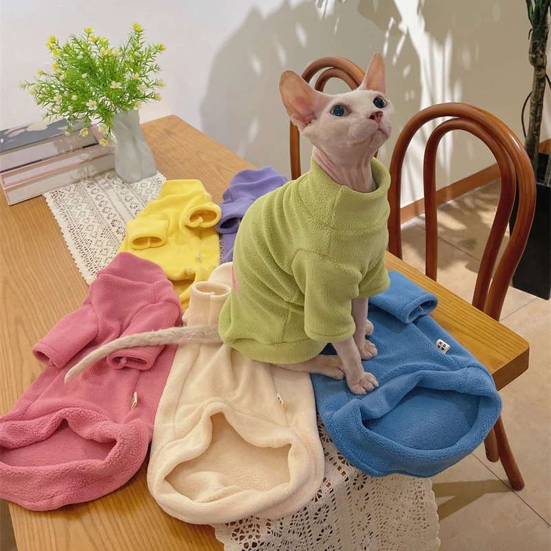Fleece Coat for Sphynx Cat Warm Sweatshirt 4-legged Jumpsuit for Kittens Dogs Soft Loungewear for Male Cat Devon Rex Sweater