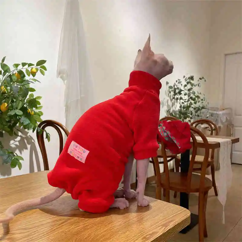 Fleece Coat for Sphynx Cat Warm Sweatshirt 4-legged Jumpsuit for Kittens Dogs Soft Loungewear for Male Cat Devon Rex Sweater