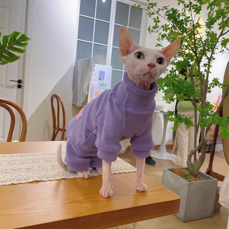 Fleece Coat for Sphynx Cat Warm Sweatshirt 4-legged Jumpsuit for Kittens Dogs Soft Loungewear for Male Cat Devon Rex Sweater