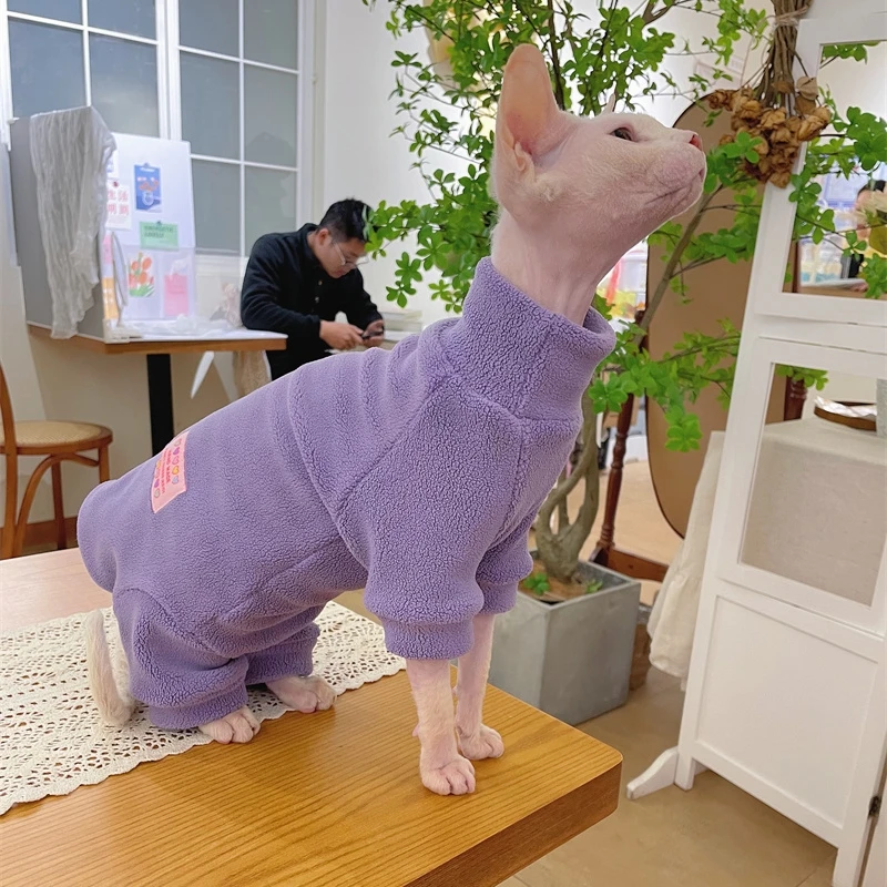 Fleece Coat for Sphynx Cat Warm Sweatshirt 4-legged Jumpsuit for Kittens Dogs Soft Loungewear for Male Cat Devon Rex Sweater