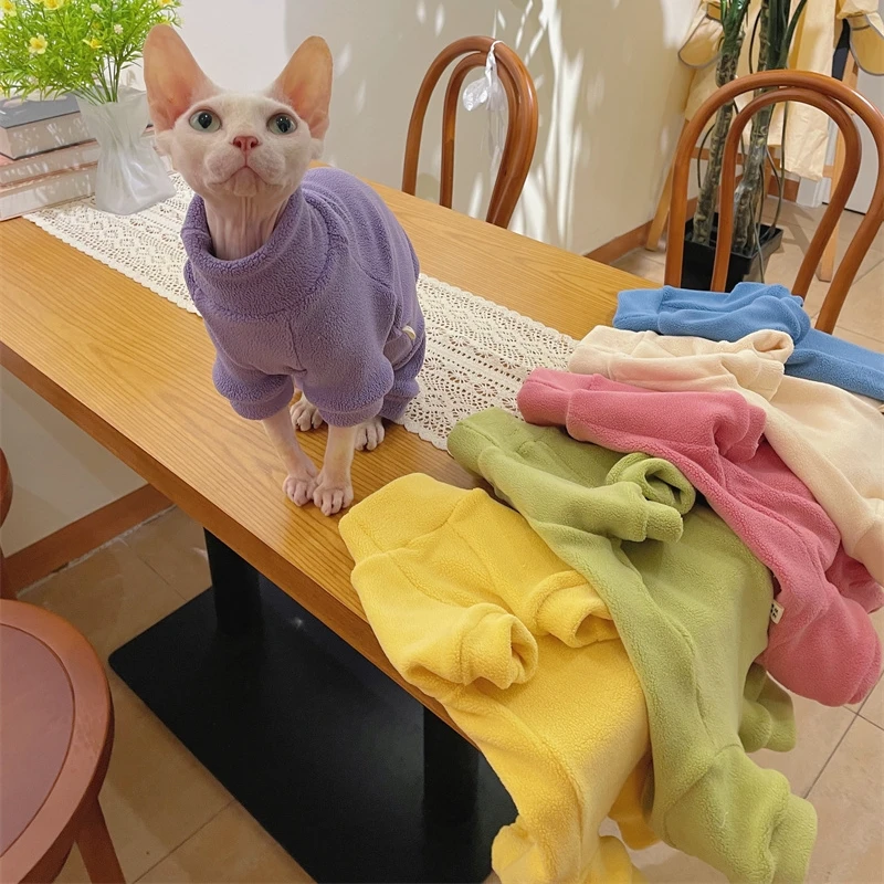 Fleece Coat for Sphynx Cat Warm Sweatshirt 4-legged Jumpsuit for Kittens Dogs Soft Loungewear for Male Cat Devon Rex Sweater