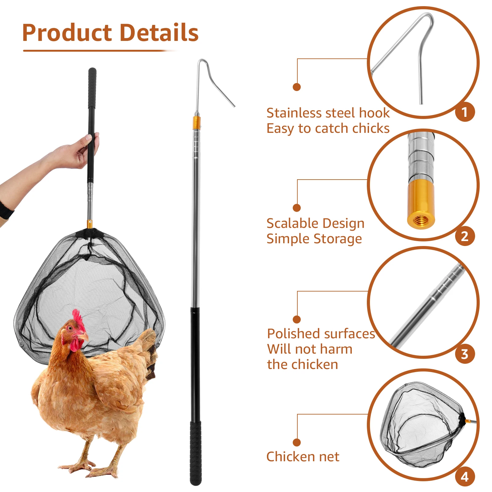 4Pcs Poultry Catcher Tools Stainless Steel Telescopic Chicken Grabber Pole & Small Chicken Catching Net Outdoor Bird Catcher