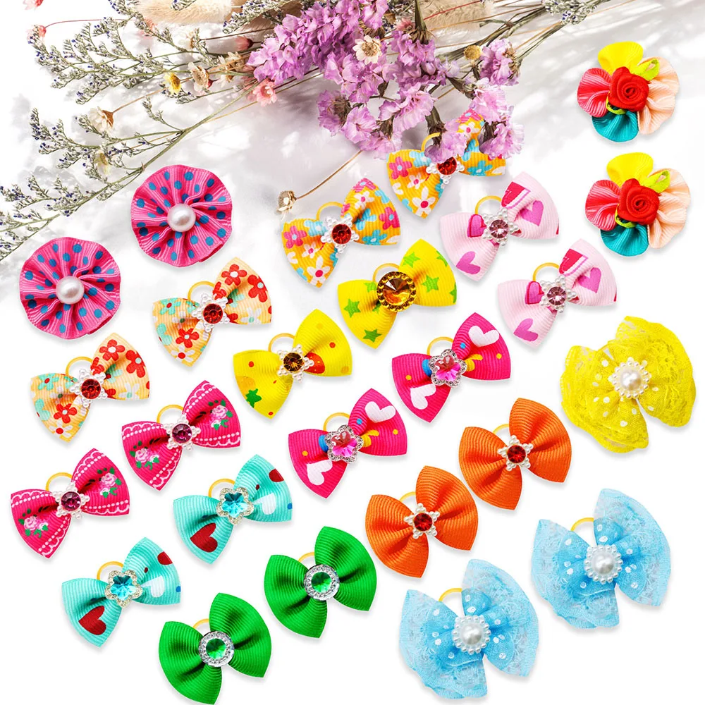 30pcs Dog Hair Bows Rubber Bands Small Dog Cat Bows Handmade For Dogs Pets Hair Accessories Dog Grooming For Small Dogs