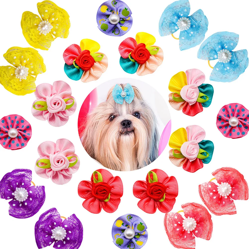 30pcs Dog Hair Bows Rubber Bands Small Dog Cat Bows Handmade For Dogs Pets Hair Accessories Dog Grooming For Small Dogs