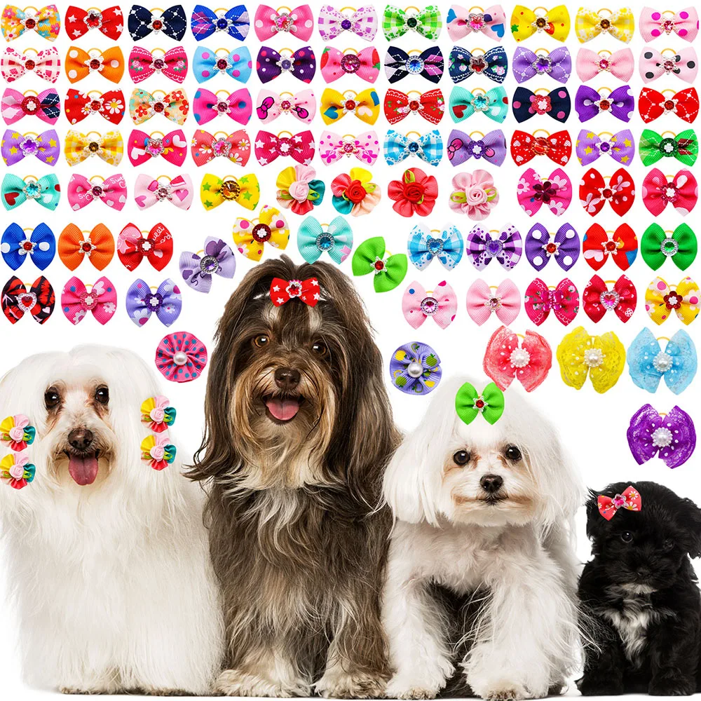 30pcs Dog Hair Bows Rubber Bands Small Dog Cat Bows Handmade For Dogs Pets Hair Accessories Dog Grooming For Small Dogs