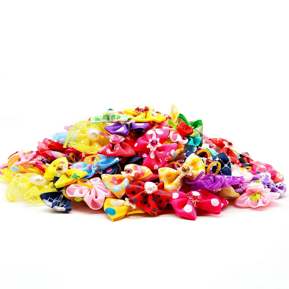 30pcs Dog Hair Bows Rubber Bands Small Dog Cat Bows Handmade For Dogs Pets Hair Accessories Dog Grooming For Small Dogs