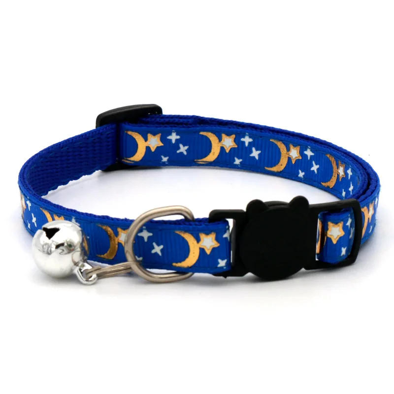 Gold Stars and Moon Cat Collar with Reflective Safety Buckle and Bell