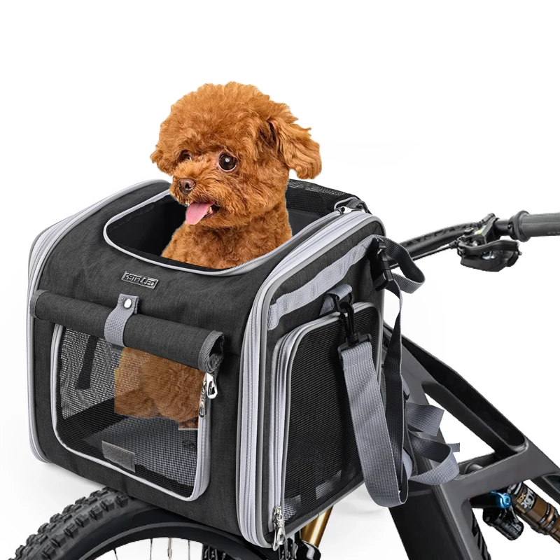 Dog or Cat Bike Basket, Expandable Soft Sided Pet Carrier Backpack with 4 Open Doors, Foldable Dog Bike Carrier