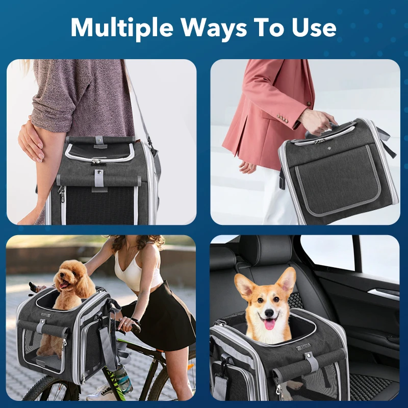 Dog or Cat Bike Basket, Expandable Soft Sided Pet Carrier Backpack with 4 Open Doors, Foldable Dog Bike Carrier