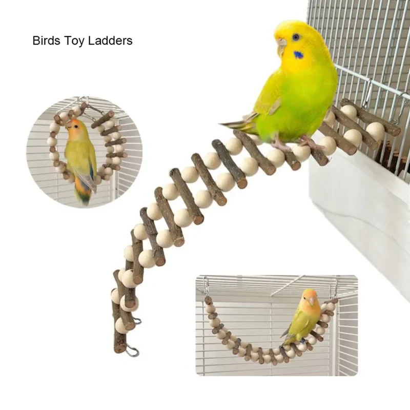 Natural Apple Wood Birds Pets Parrots Ladders Climbing Toy Hanging Colorful Balls Parrot Toys for Conures Parakeets Cockatiels