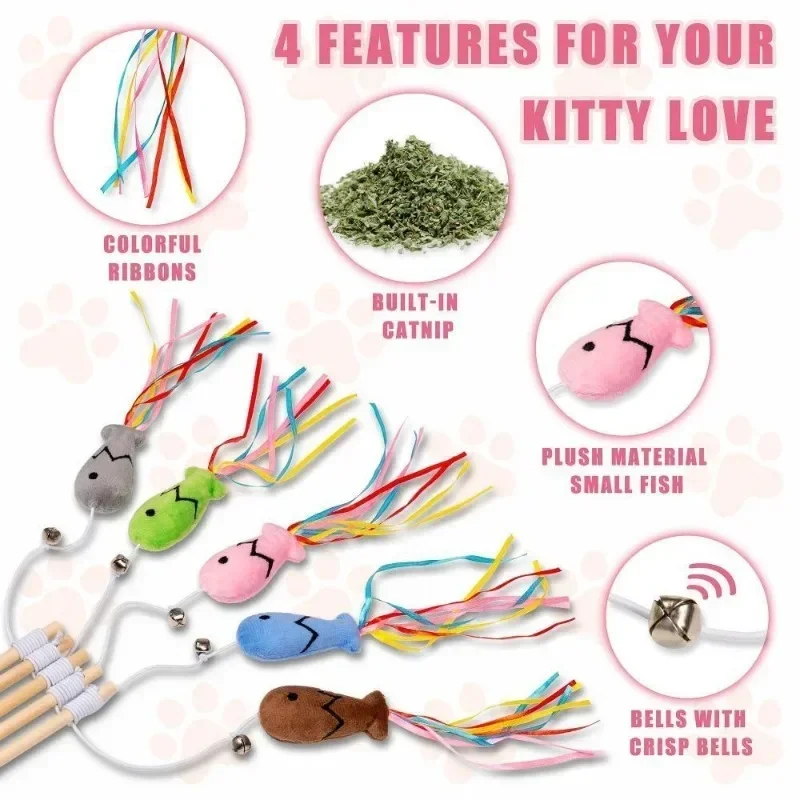 Fashion Cat Wand Toy, Natural Wooden Cat Teaser Wand for Cat, Interactive Elastic String Cat Stick Pole Toy for Indoor Cats