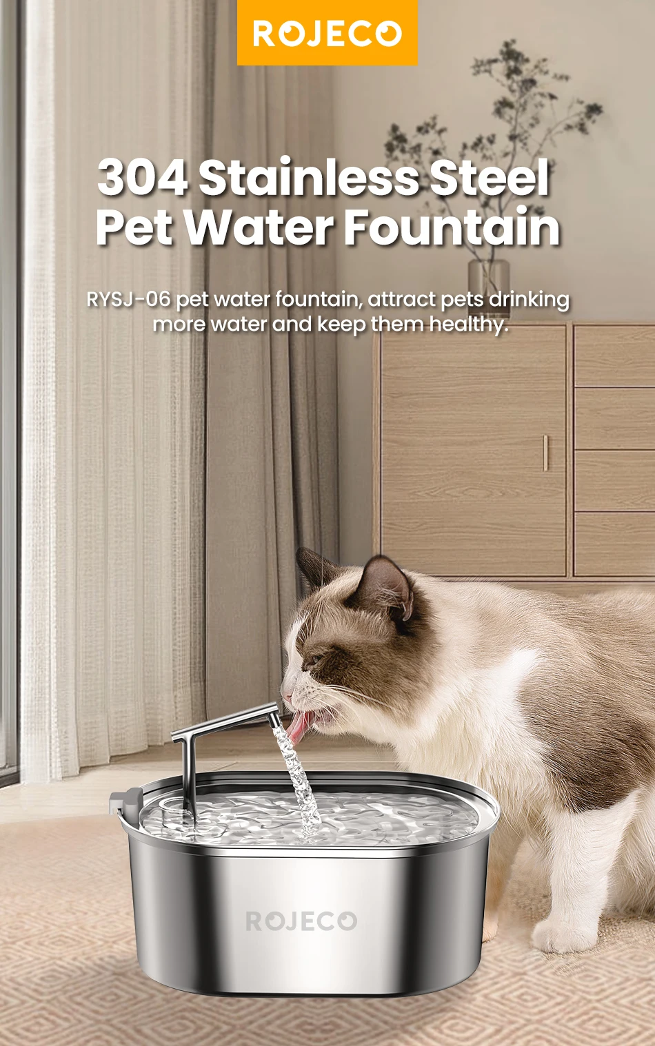 ROJECO Stainless Steel Cat Water Fountain Automatic Cat Drinker Drinking Fountain For Cats Dogs Pet Water Dispenser Accessories