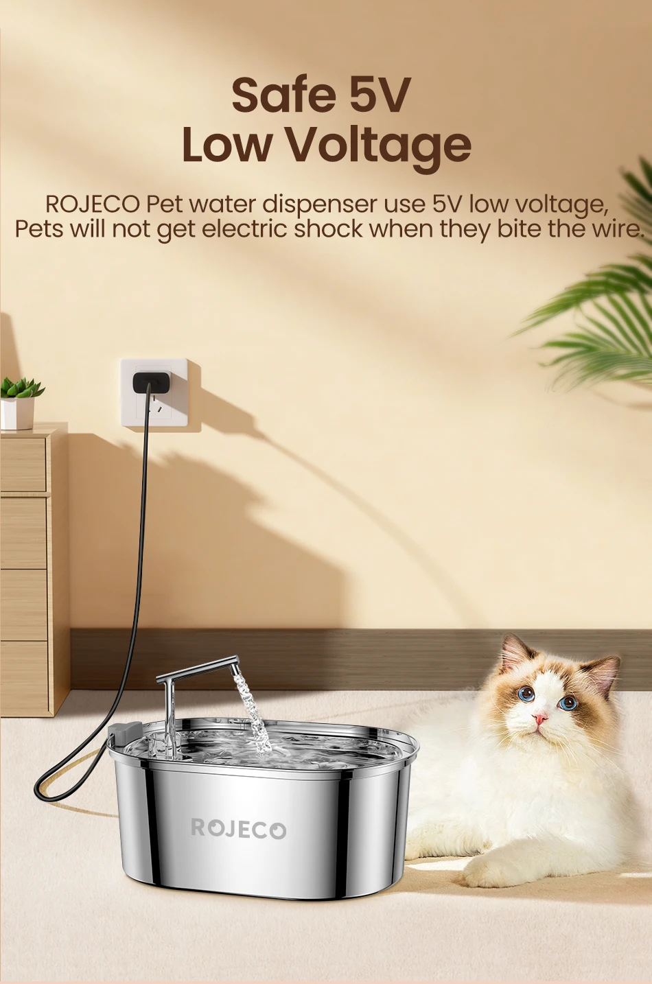 ROJECO Stainless Steel Cat Water Fountain Automatic Cat Drinker Drinking Fountain For Cats Dogs Pet Water Dispenser Accessories
