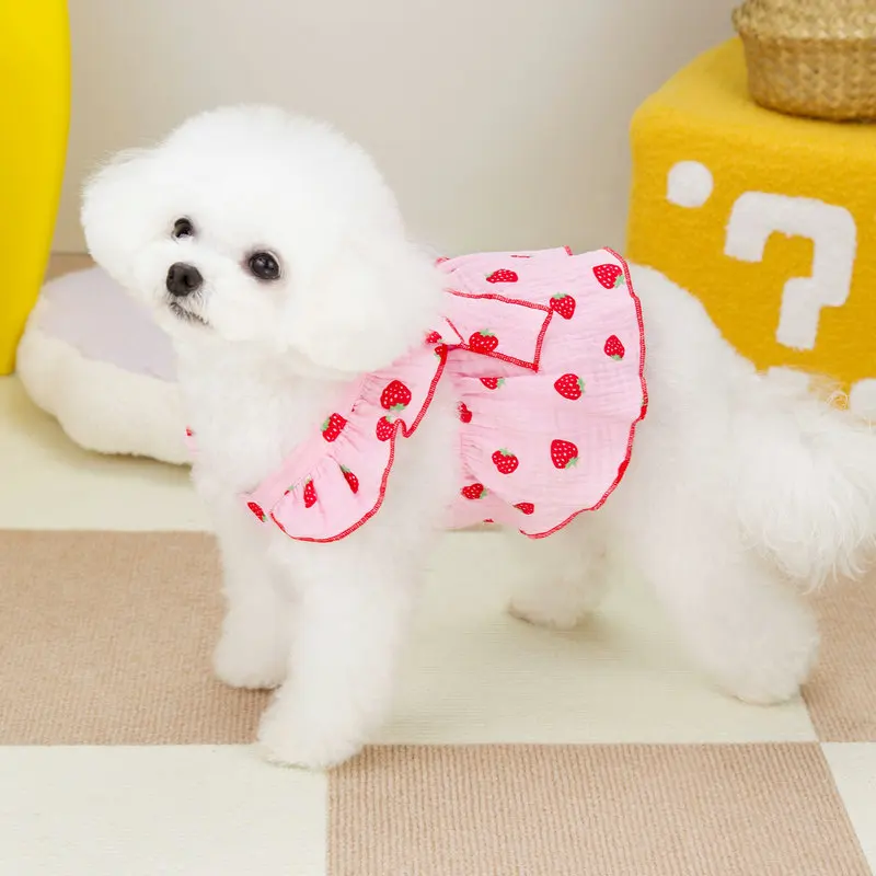 Strawberry Print Pet Dog Dress 2026 Dog Clothes Cute Bow Summer Puppy Costume Chihuahua French Bulldog Clothing Cat Dog Swimsuit