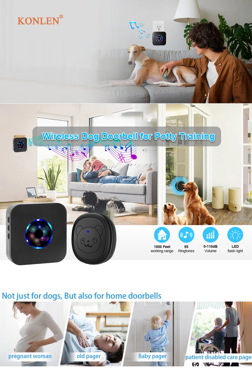 Smart Dog Doorbell Wireless for Potty Training Doggie Food Chime Door Bell Touch Button for Pet Puppy Ring to Go Outside KONLEN