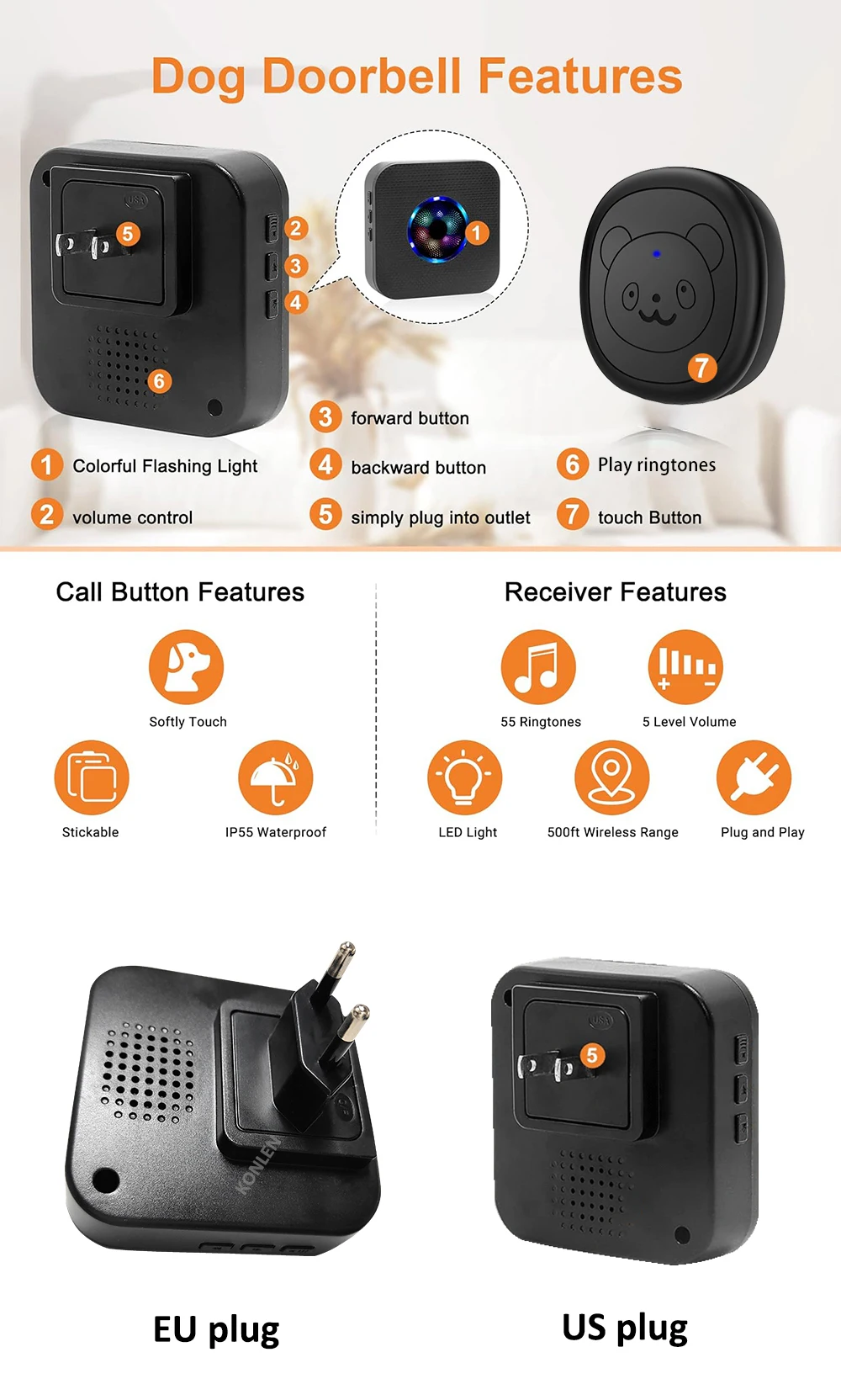 Smart Dog Doorbell Wireless for Potty Training Doggie Food Chime Door Bell Touch Button for Pet Puppy Ring to Go Outside KONLEN