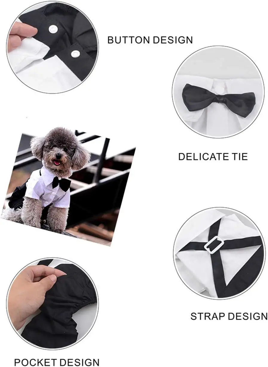 Stylish Dog Tuxedo Suit Prince Wedding Costume White Black Formal Clothes with Bowtie Puppy Jumpsuit for Small Dogs