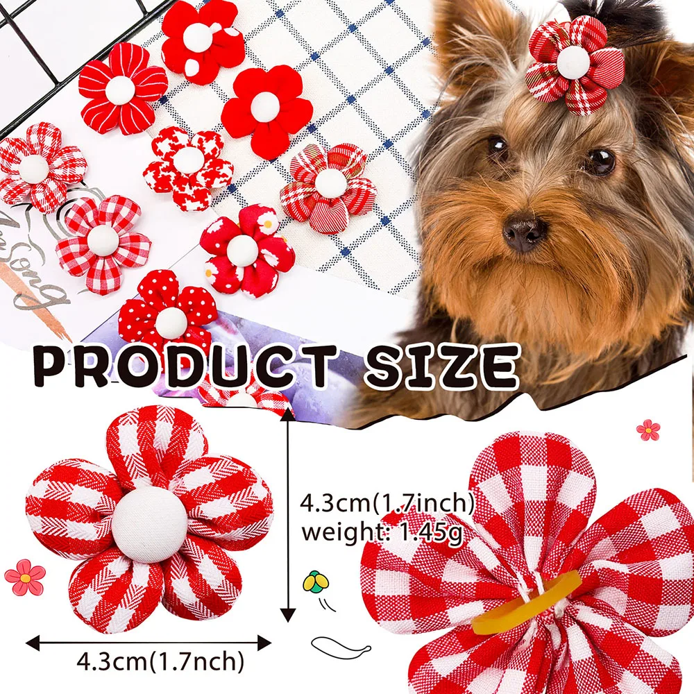 10/20pcs Flower Dog Hair Bows Handmade Dog Bow Plaid Mix Colors Cat Hair Bowknot Rubber Bands for Small Dogs Grooming Supplies