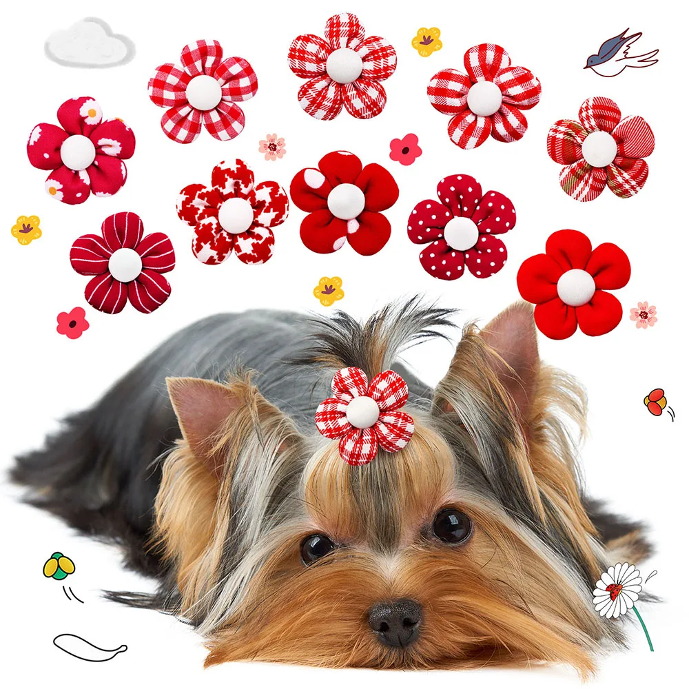 10/20pcs Flower Dog Hair Bows Handmade Dog Bow Plaid Mix Colors Cat Hair Bowknot Rubber Bands for Small Dogs Grooming Supplies