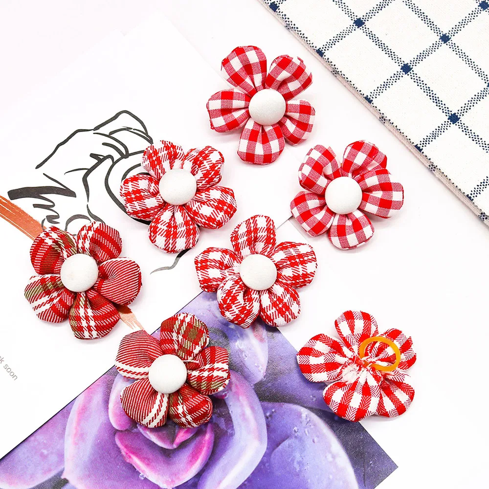 10/20pcs Flower Dog Hair Bows Handmade Dog Bow Plaid Mix Colors Cat Hair Bowknot Rubber Bands for Small Dogs Grooming Supplies