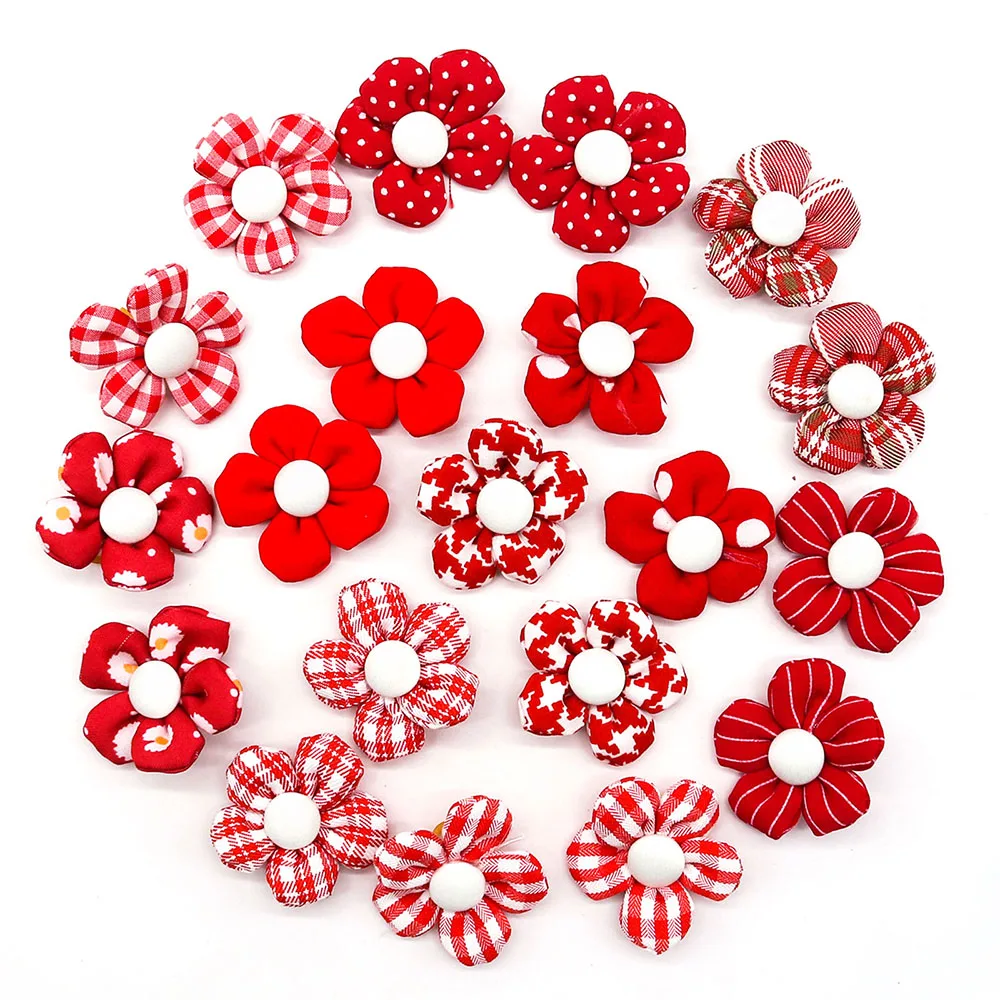 10/20pcs Flower Dog Hair Bows Handmade Dog Bow Plaid Mix Colors Cat Hair Bowknot Rubber Bands for Small Dogs Grooming Supplies