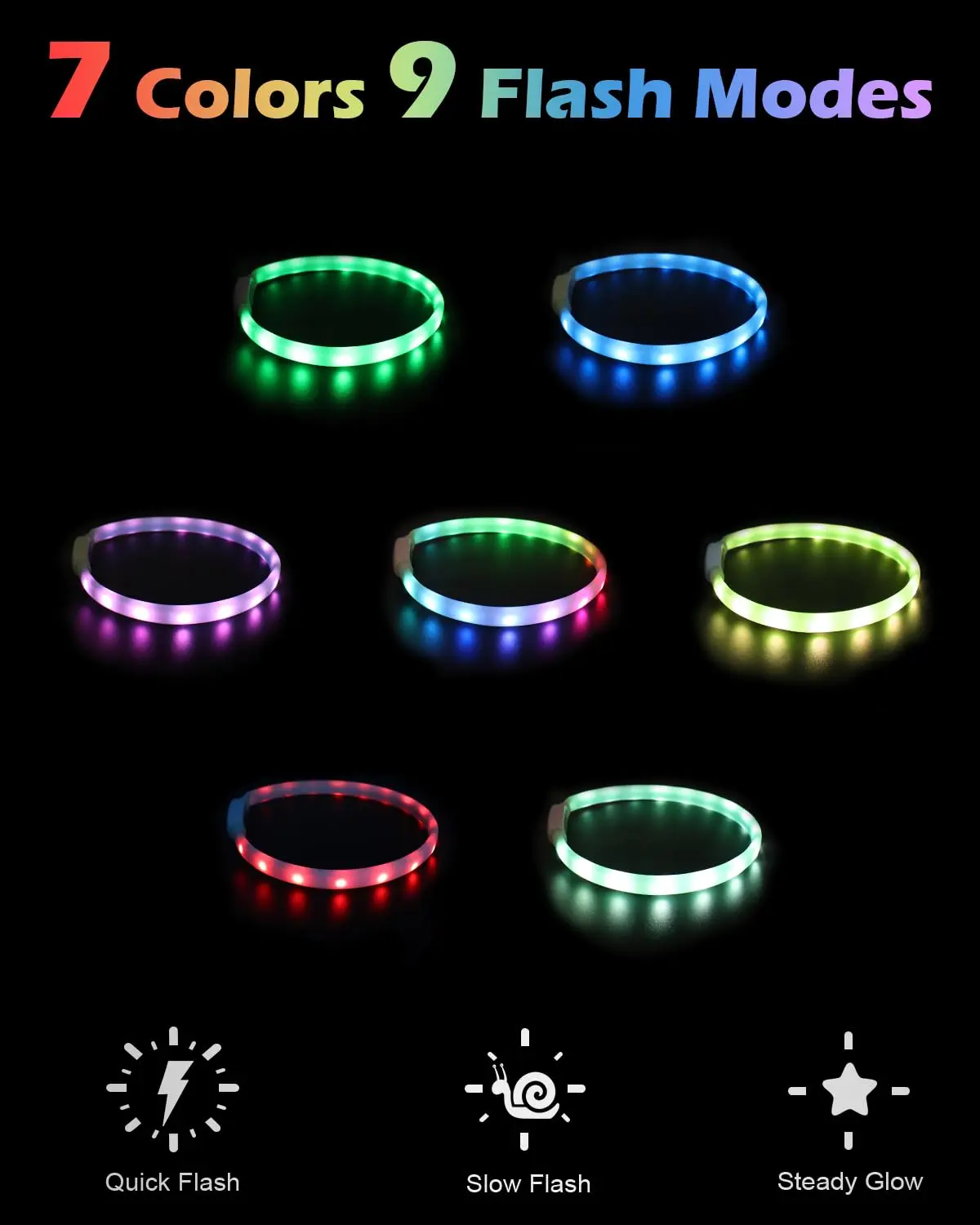 Lightweight USB Rechargeable Collar for Large Medium and Small Dogs, Glowing Dog Collar, 9 Flashing Modes, Soft Silicone Glowing