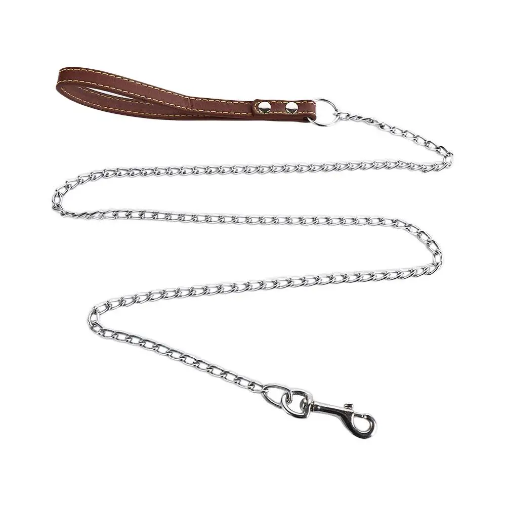 Heavy Duty Metal Chain Dog Lead With Leather Handle Long Strong Control Leash Outdoor Pet Traction Rope Anti Bite Chain Supplies