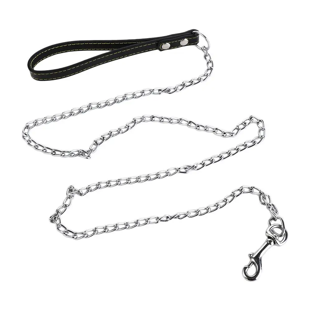 Heavy Duty Metal Chain Dog Lead With Leather Handle Long Strong Control Leash Outdoor Pet Traction Rope Anti Bite Chain Supplies