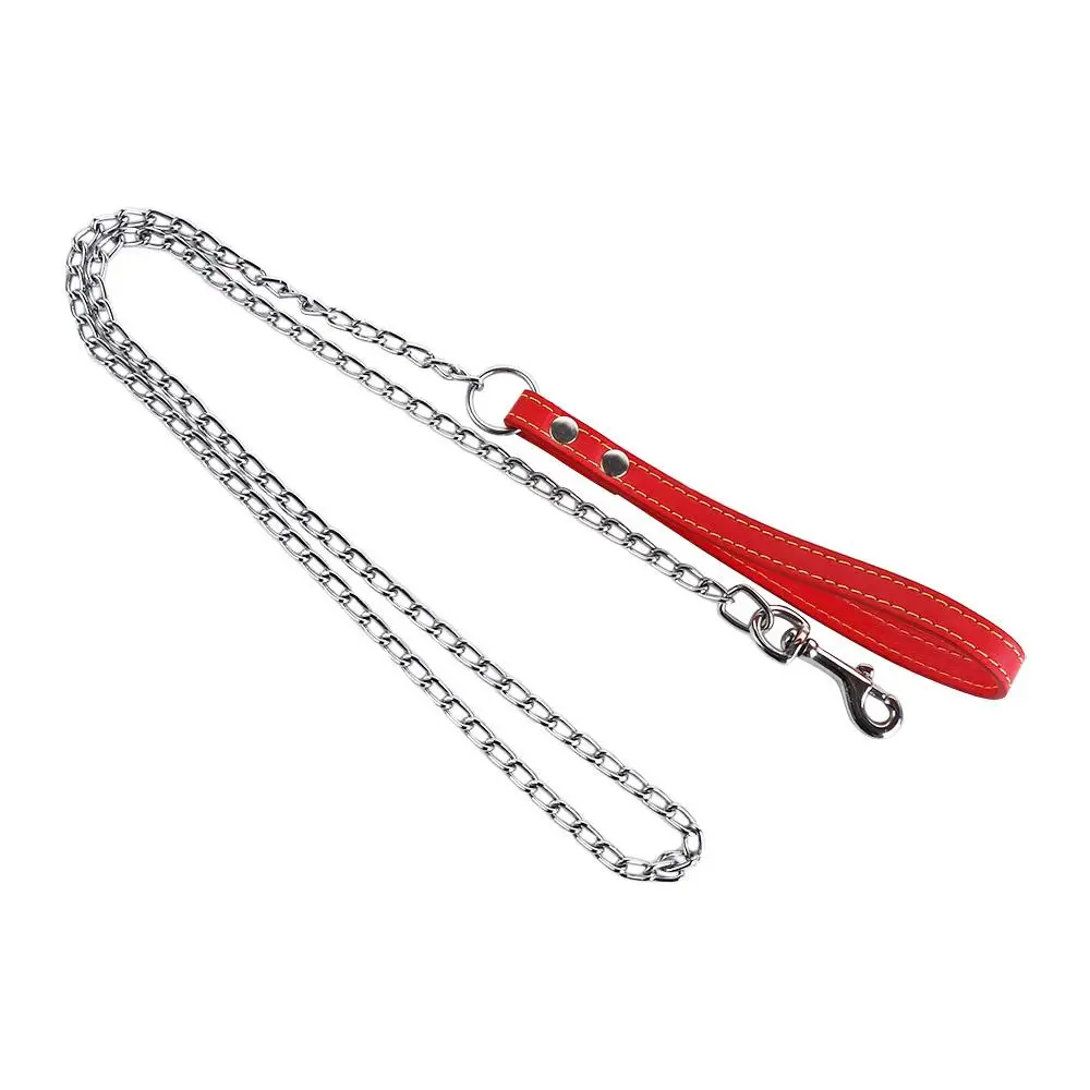 Heavy Duty Metal Chain Dog Lead With Leather Handle Long Strong Control Leash Outdoor Pet Traction Rope Anti Bite Chain Supplies