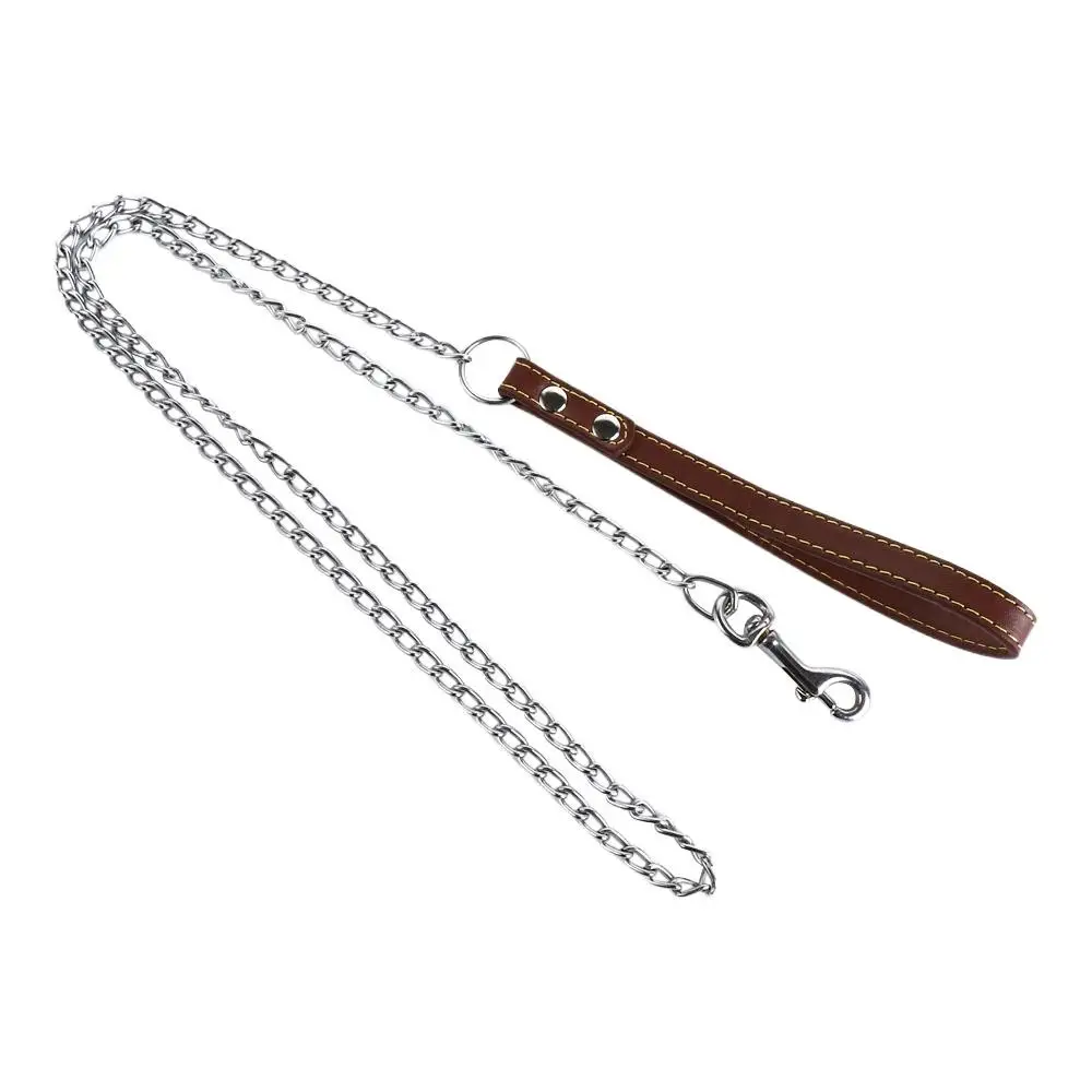 Heavy Duty Metal Chain Dog Lead With Leather Handle Long Strong Control Leash Outdoor Pet Traction Rope Anti Bite Chain Supplies