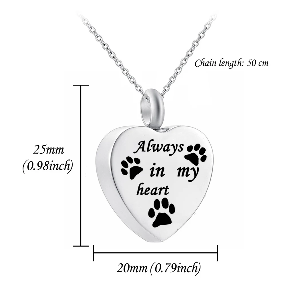 Cremation Jewelry for Ashes Always in My Heart Stainless Steel Heart Pet Paw Keepsake Pendant Memorial Urn Necklace