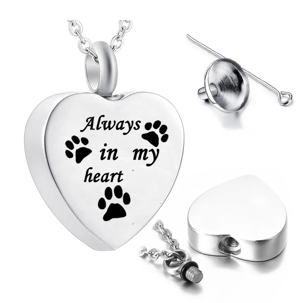 Cremation Jewelry for Ashes Always in My Heart Stainless Steel Heart Pet Paw Keepsake Pendant Memorial Urn Necklace