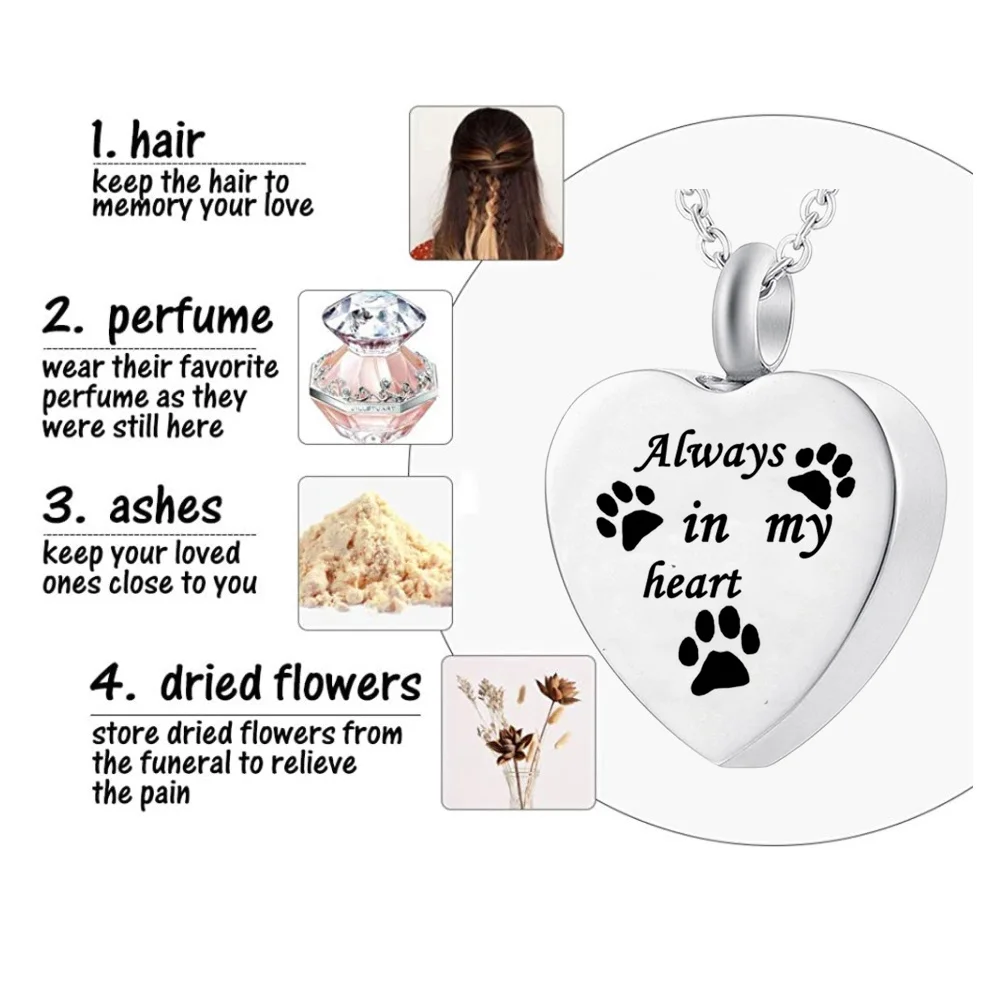Cremation Jewelry for Ashes Always in My Heart Stainless Steel Heart Pet Paw Keepsake Pendant Memorial Urn Necklace