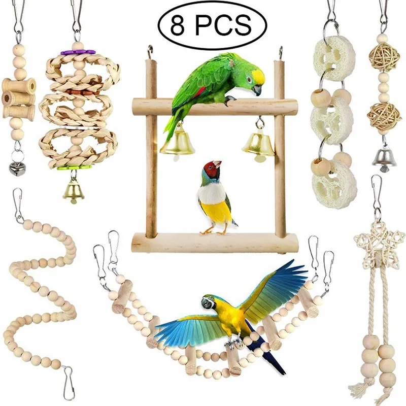 1/8PCS Set Combination Parrot Bird Toys Wood Articles Bite Pet Bird Toys For Parrot Training Bird Toy Swing Ball Bell Standing