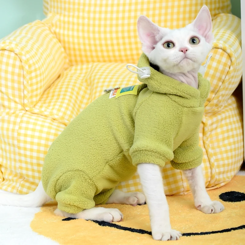 Fleece 4-legged Soft Sweater for Sphynx Cat Winter thick Warm Hooded Red Green Sweatshirt for Kittens Devon Rex coat in Autumn